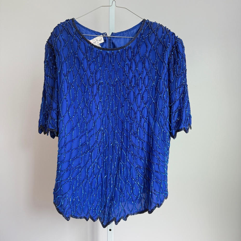 Vintage Laurence Kazar 2X Old Money Luxury Silk Beaded Sequin Party Blouse